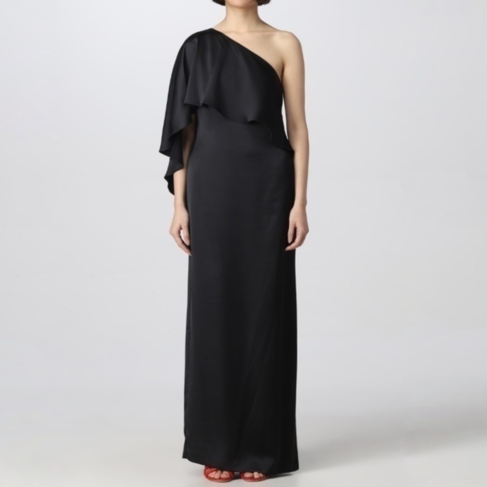 Lauren Ralph Lauren. One Shoulder Cape‎ Overlay Gown.